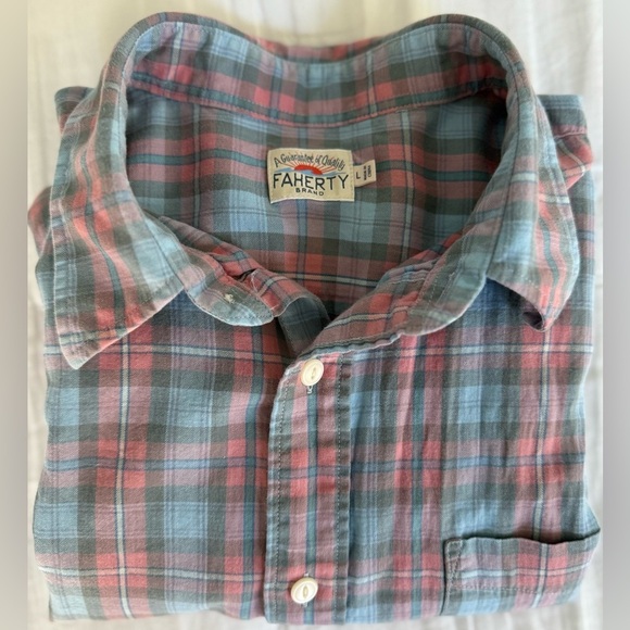 Faherty Brand Plaid Flannel Shirt Large Blue Red Cotton Button Up Long Sleeve - Picture 7 of 8